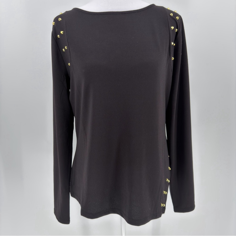Michael Kors Studded Shoulder Long Sleeve Top Black Size‎ M NWT Gold Hardware